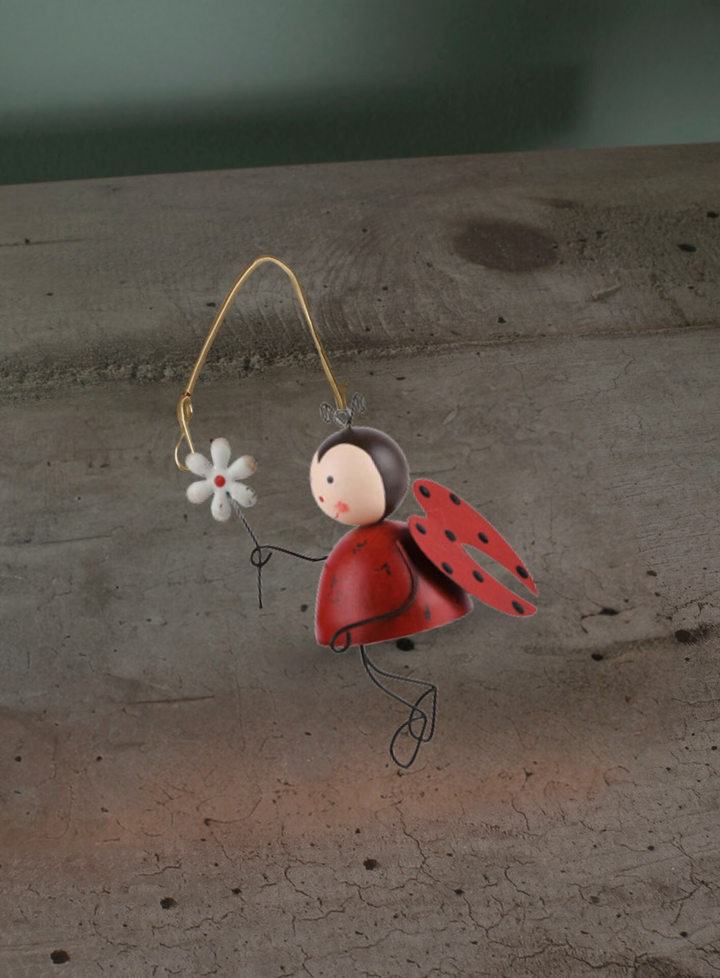 Cocinella sospesa, con margherita. Rossa e nera. Metallo. 14x11x8cm