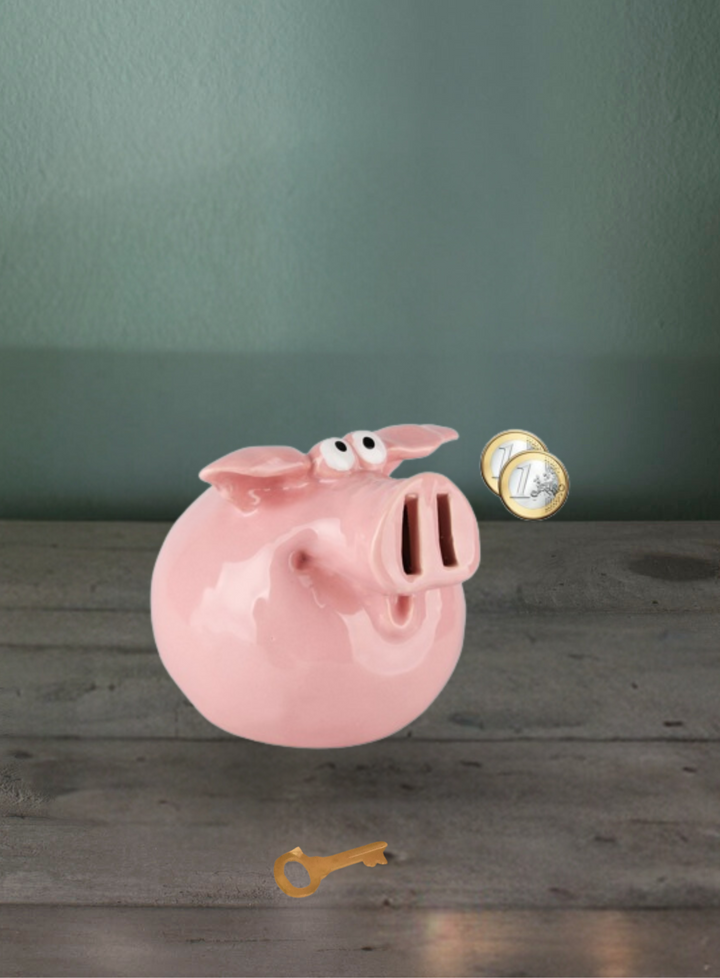 Salvadanaio maialino "piggy bank". Apertura con chiave. Rosa. Ceramica. 14x11x11cm.