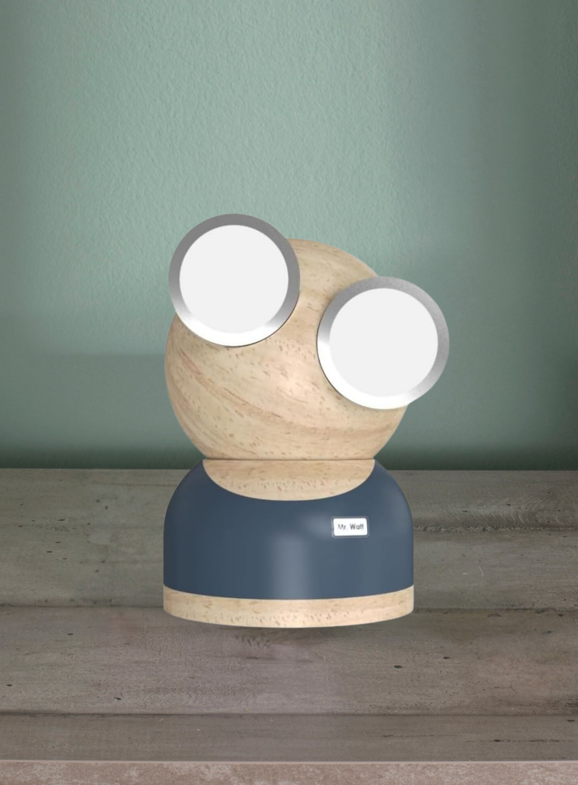 GoggleLamp MrWatt – Lampada a forma di robot in legno con accensione e regolazione a sfioramento. Blu