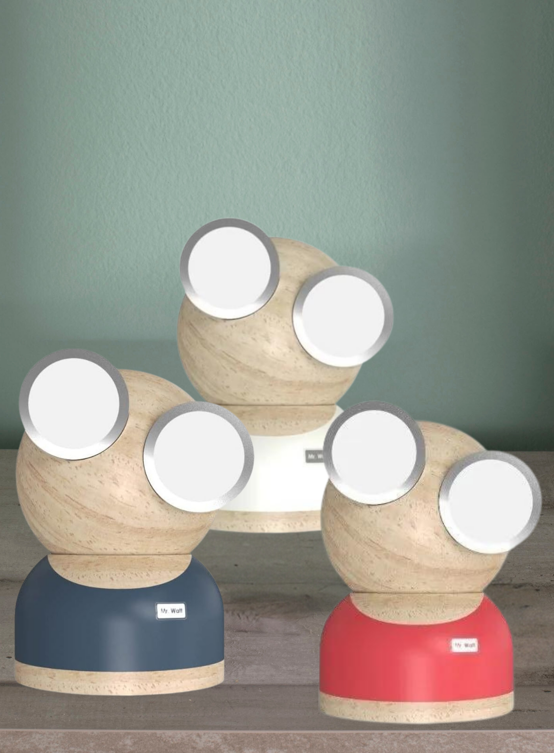 GoggleLamp MrWatt – Lampada a forma di robot in legno con accensione e regolazione a sfioramento. Bianco.