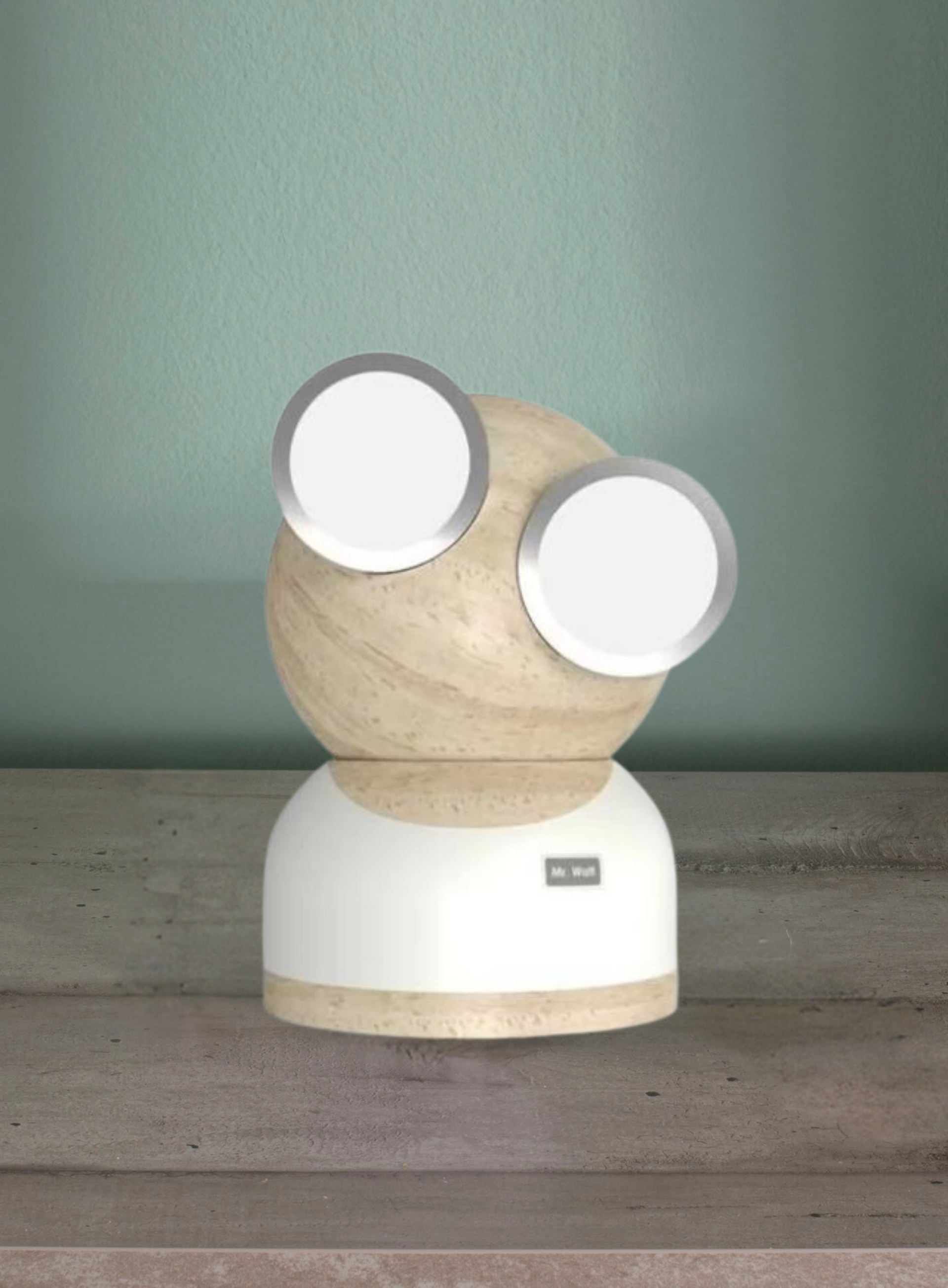 GoggleLamp MrWatt – Lampada a forma di robot in legno con accensione e regolazione a sfioramento. Bianco.