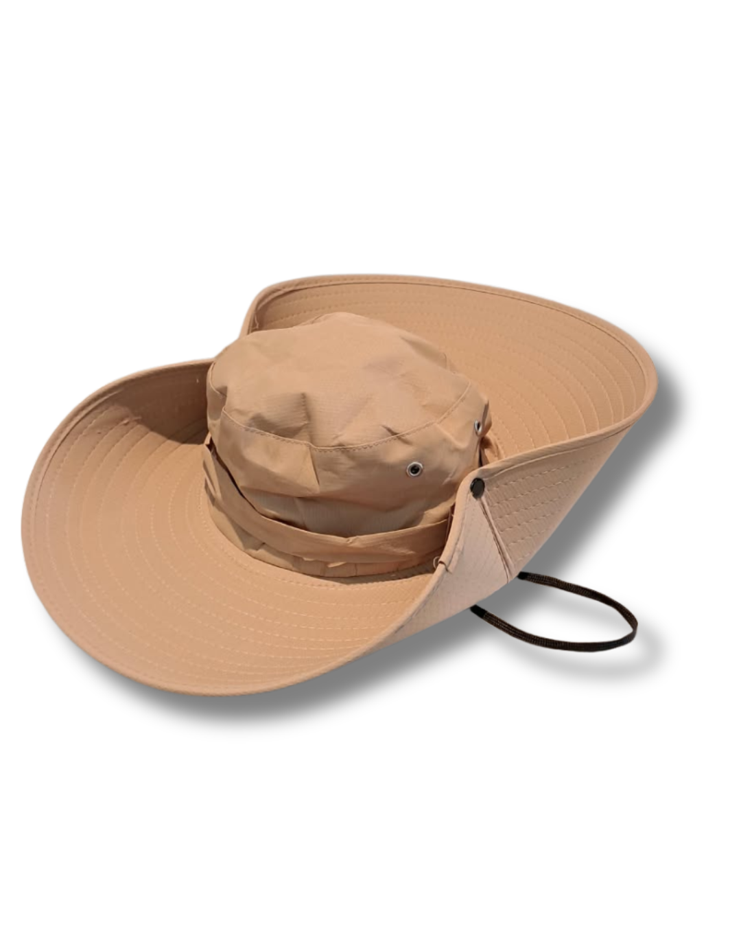 Cappello pescatore a tesa larga beige con retina traspirante e cordino – 40 cm