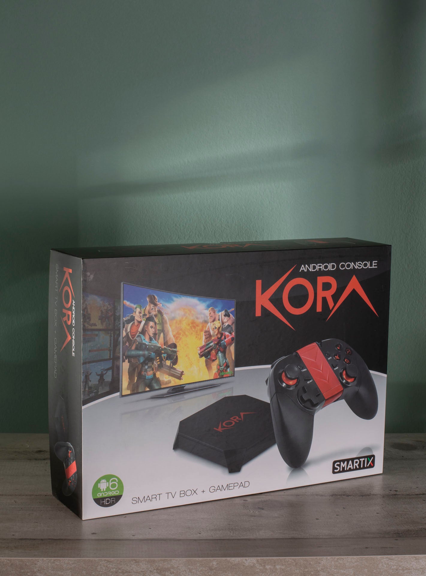 Atlantis SMARTIX KORA CONSOLE. Android. Smart TV Box + Gamepad. CPU 4 core 64 bit, 1 Gb RAM, 8 Gb ROM, HDMI, USB, SD slot, LAN, Optical, WiFi, Gamepad Turbofire X24